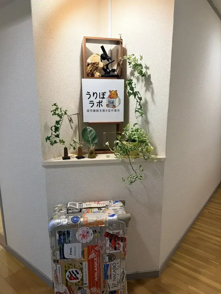 うりぼラボ入口のロゴパネルと、顕微鏡や観葉植物のあるコーナー